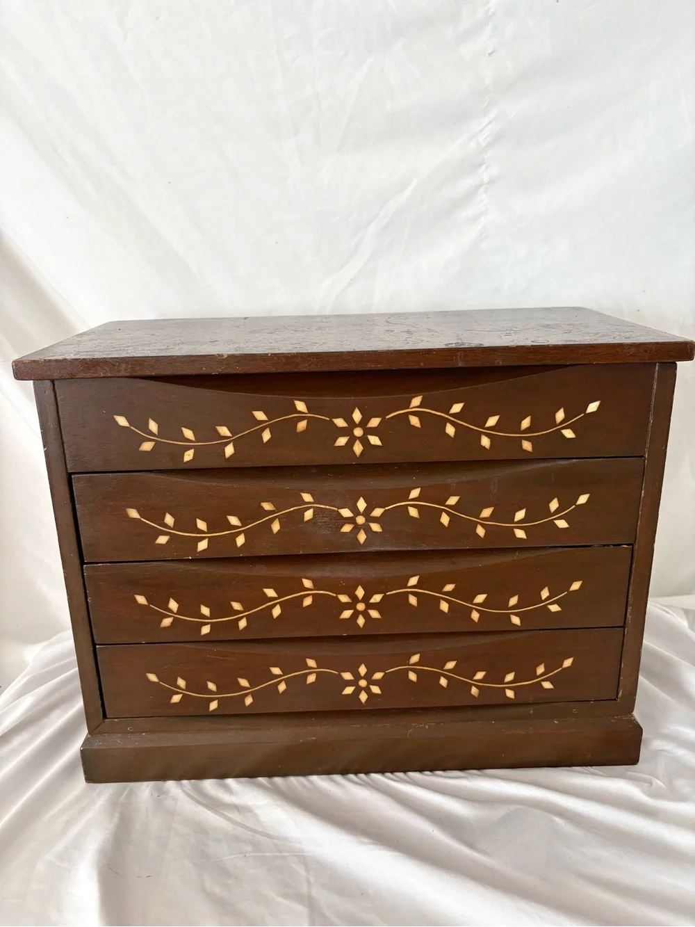 Vintage wood inlay large jewelry box storage boho midcentury home decor